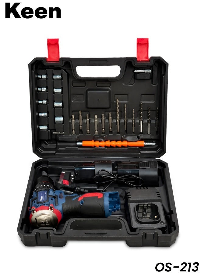 كين طقم مثقاب ومفك براغي لاسلكي Keen OS-213 مع حقيبة حمل، مثقاب كهربائي قابل لتعديل عزم الدوران، مثقاب طرق، مفك براغي، مصباح عمل LED مدمج - Image 1
